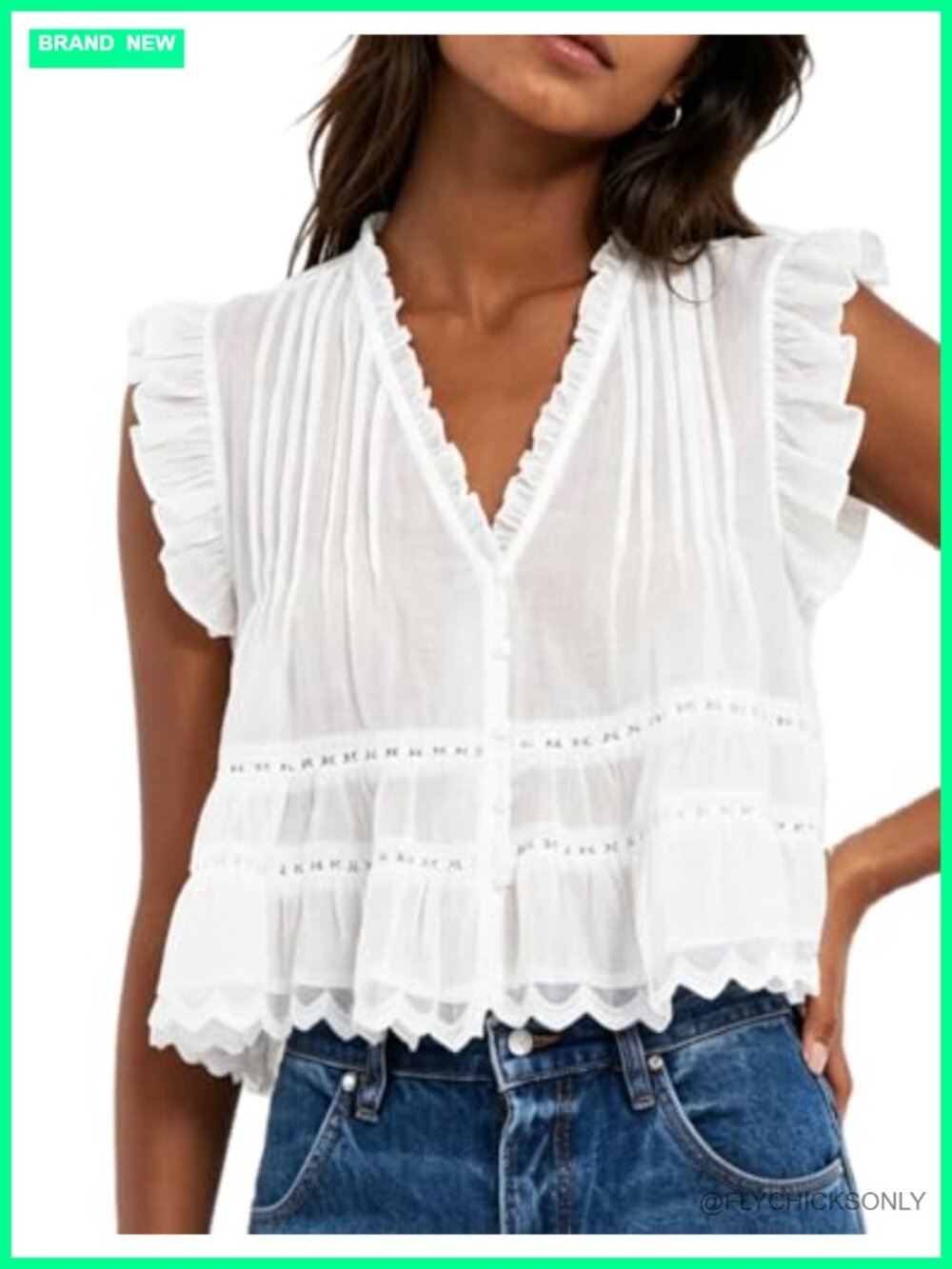 Ruffle V Neck Babydoll Peplum Top Semi Sheer Lace Button Down Crop